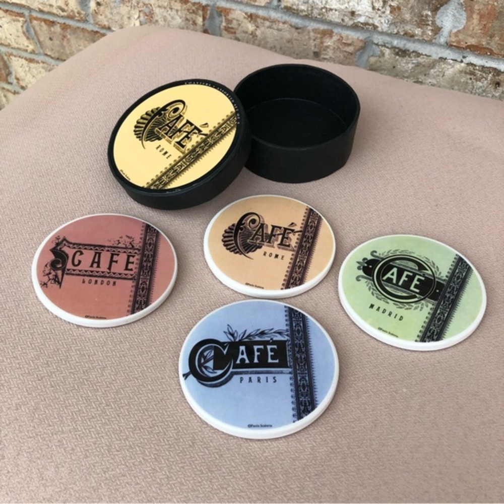 Paula Scaletta Ceramic Coaster Set of 4 European Cities Cafe Sign - Picture 2 of 9